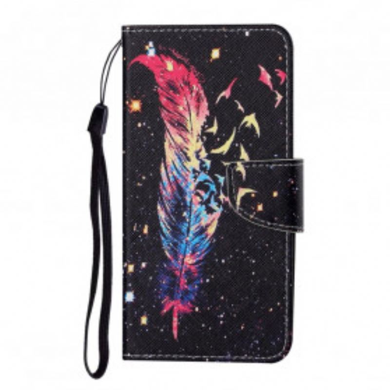 Flip Cover Samsung Galaxy A22 5G Med Snor Farverig Fjer Med Rem