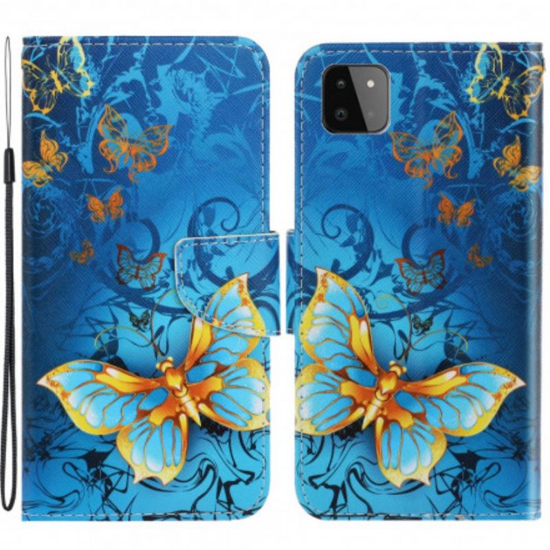 Flip Cover Samsung Galaxy A22 5G Med Snor Variationer Af Sommerfuglesrem