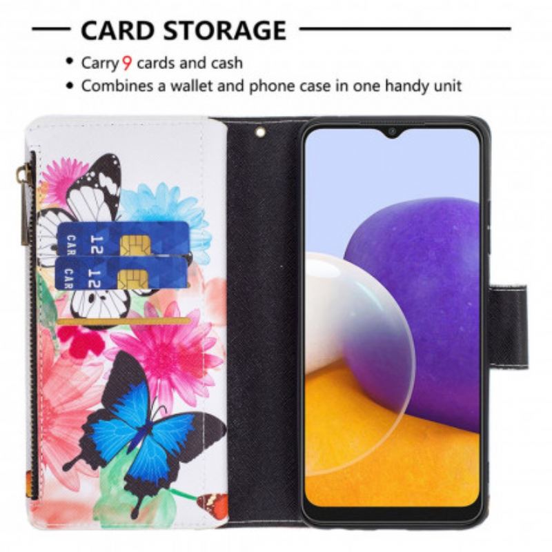 Flip Cover Samsung Galaxy A22 5G Sommerfugle Lynlåslomme