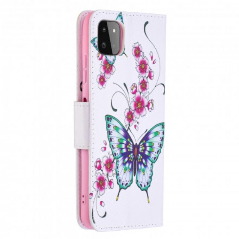 Læder Cover Samsung Galaxy A22 5G Akvarel Sommerfugle