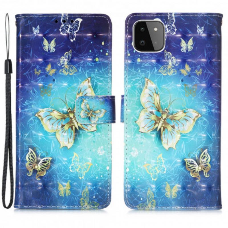 Læder Cover Samsung Galaxy A22 5G Med Snor Gyldne Sommerfugle Med Rem