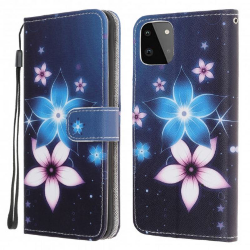 Læder Cover Samsung Galaxy A22 5G Med Snor Lunar Strap Blomster