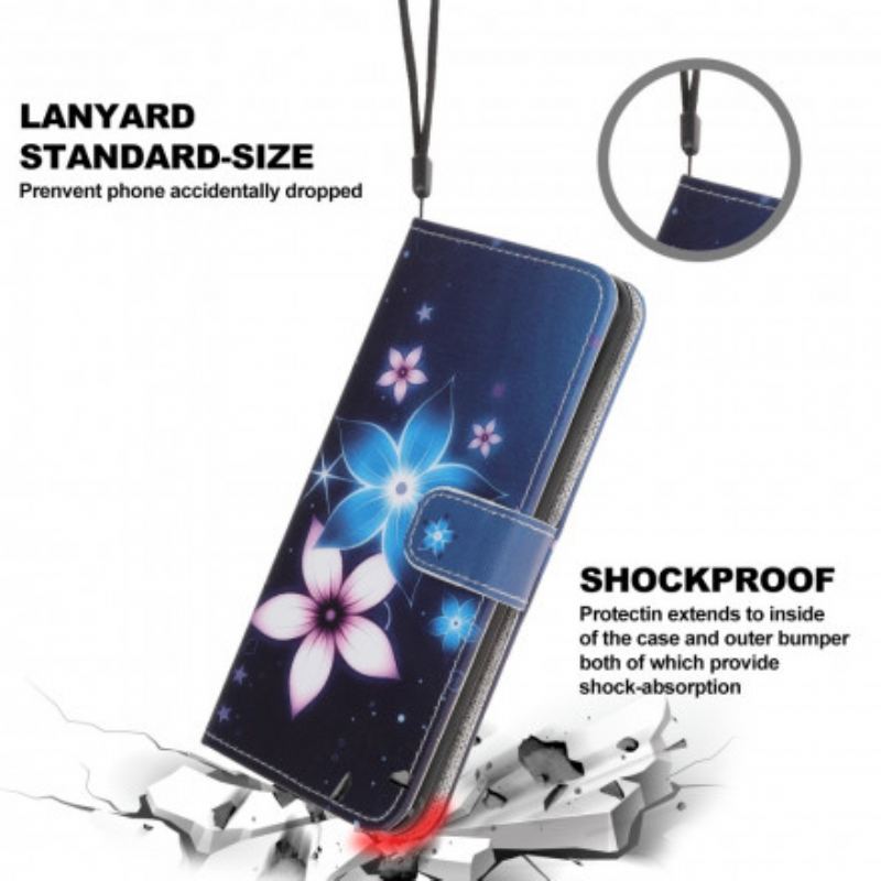 Læder Cover Samsung Galaxy A22 5G Med Snor Lunar Strap Blomster
