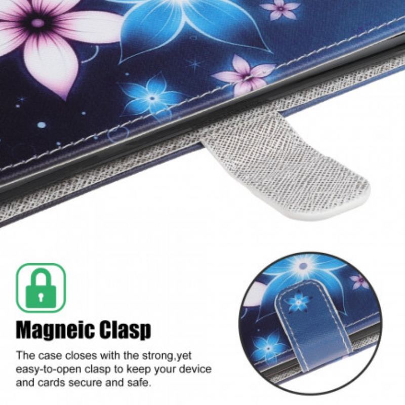 Læder Cover Samsung Galaxy A22 5G Med Snor Lunar Strap Blomster