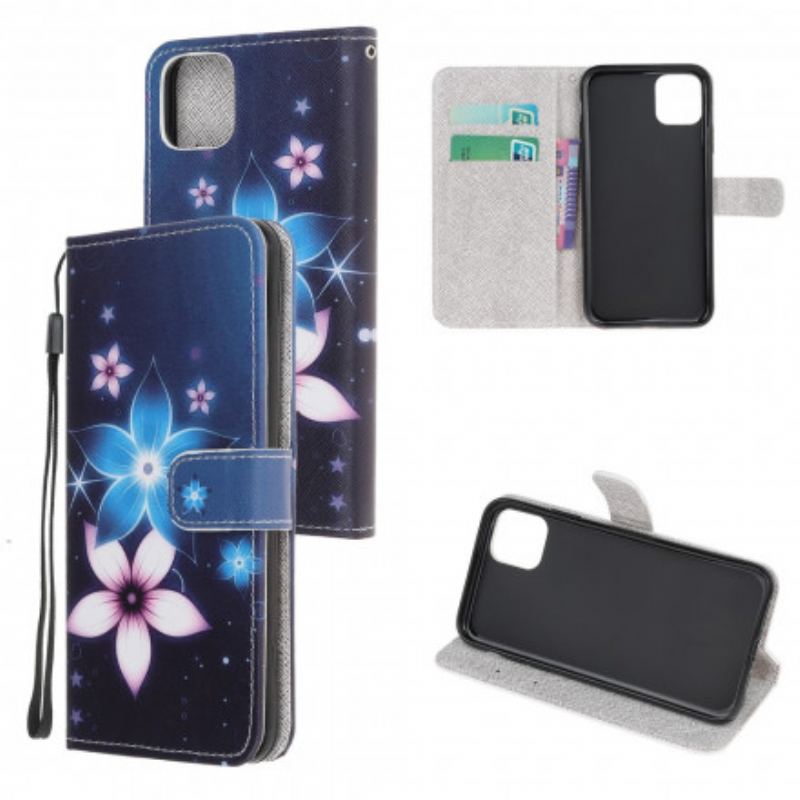 Læder Cover Samsung Galaxy A22 5G Med Snor Lunar Strap Blomster