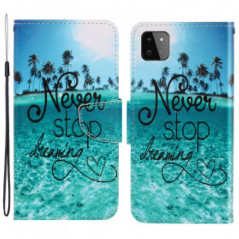 Læder Cover Samsung Galaxy A22 5G Med Snor Stop Aldrig Med At Drømme Navy Strappy
