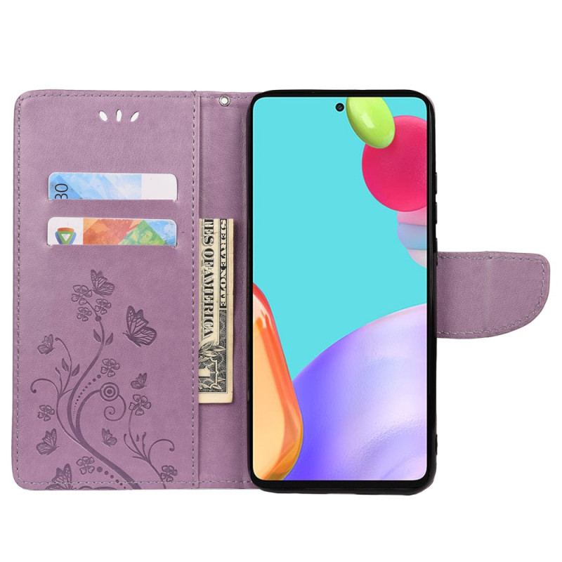 Flip Cover Samsung Galaxy A23 5G Med Snor Blomster Og Sommerfugle Med Rem