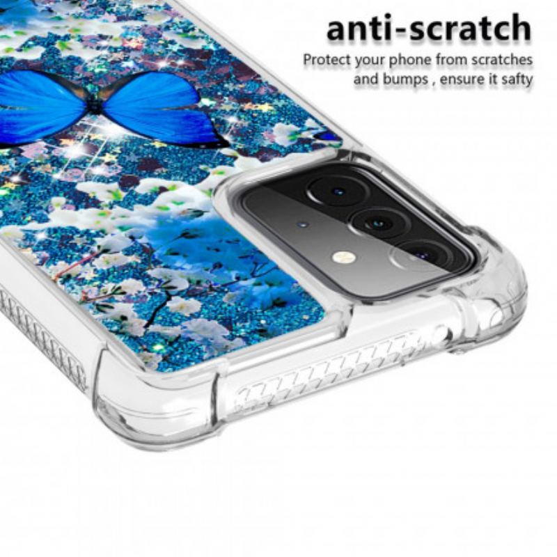 Mobilcover Samsung Galaxy A72 4G / A72 5G Glitter Blå Sommerfugle