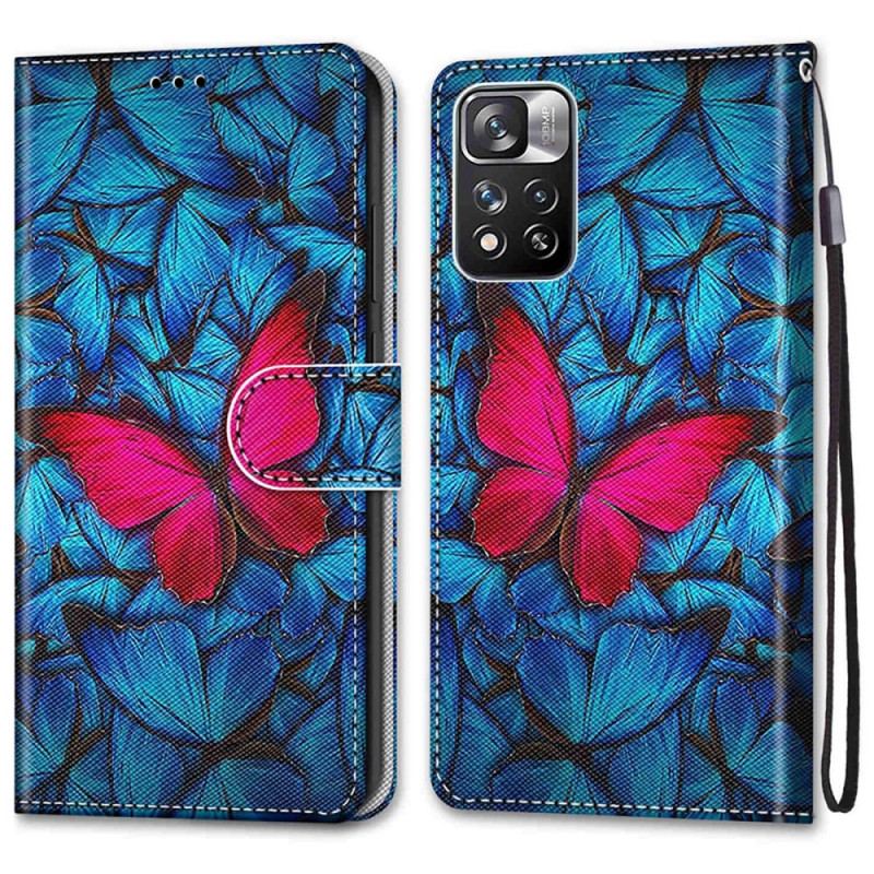 Flip Cover Xiaomi Redmi Note 11 Pro Plus 5G Rød Sommerfugl Blå Baggrund