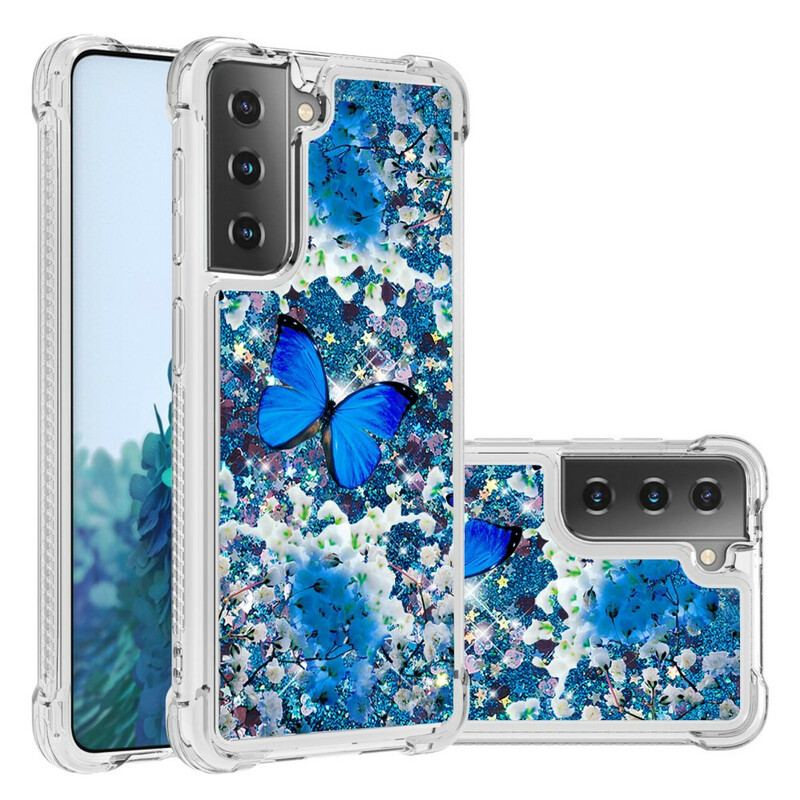 Cover Samsung Galaxy S21 5G Glitter Blå Sommerfugle