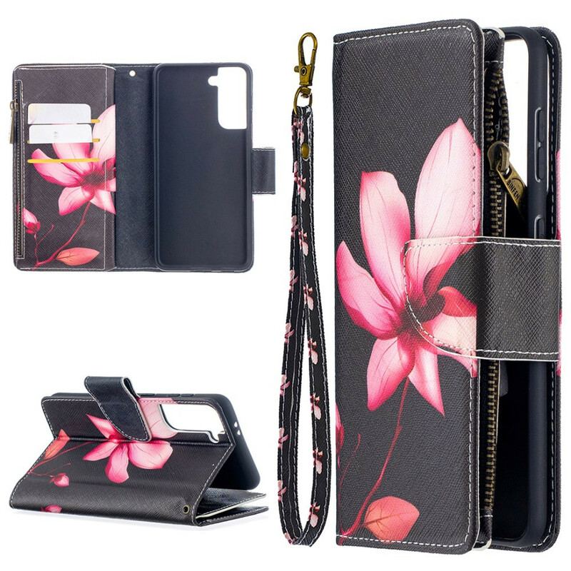 Flip Cover Samsung Galaxy S21 5G Blomsterlomme Med Lynlås