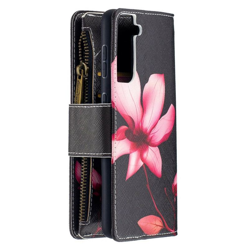 Flip Cover Samsung Galaxy S21 5G Blomsterlomme Med Lynlås