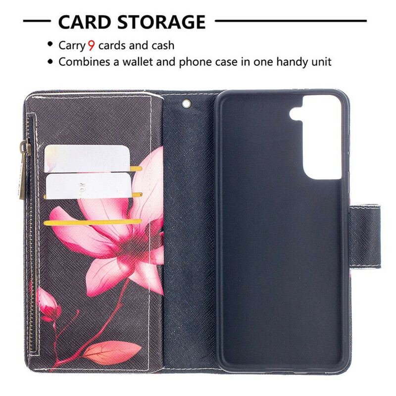 Flip Cover Samsung Galaxy S21 5G Blomsterlomme Med Lynlås