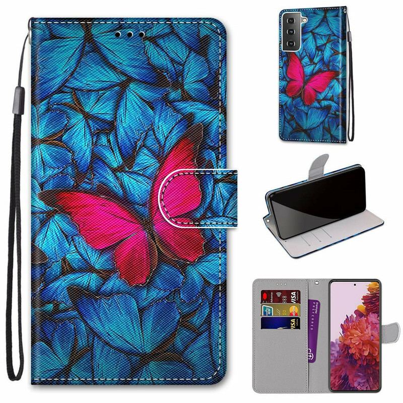 Flip Cover Samsung Galaxy S21 5G Rød Sommerfugl Blå Baggrund
