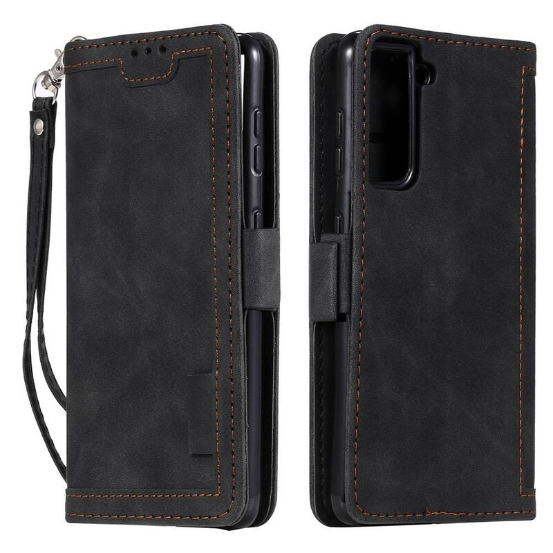 Flip Cover Samsung Galaxy S21 5G Tofarvede Imiteret Læderforstærkede Konturer
