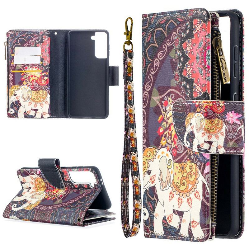 Læder Cover Samsung Galaxy S21 5G Elefant Lynlåslomme