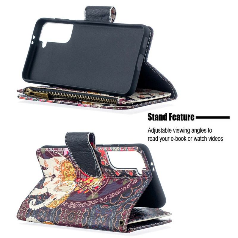 Læder Cover Samsung Galaxy S21 5G Elefant Lynlåslomme