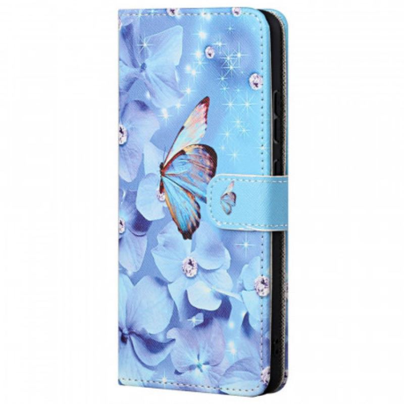 Flip Cover Poco M4 Pro 5G Med Snor Strappy Diamond Sommerfugle