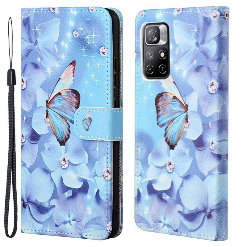 Flip Cover Poco M4 Pro 5G Med Snor Strappy Diamond Sommerfugle