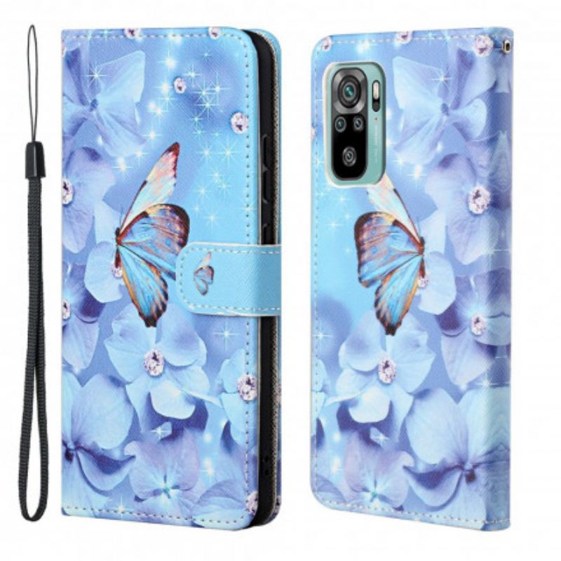 Flip Cover Xiaomi Redmi 10 Med Snor Strappy Diamond Sommerfugle