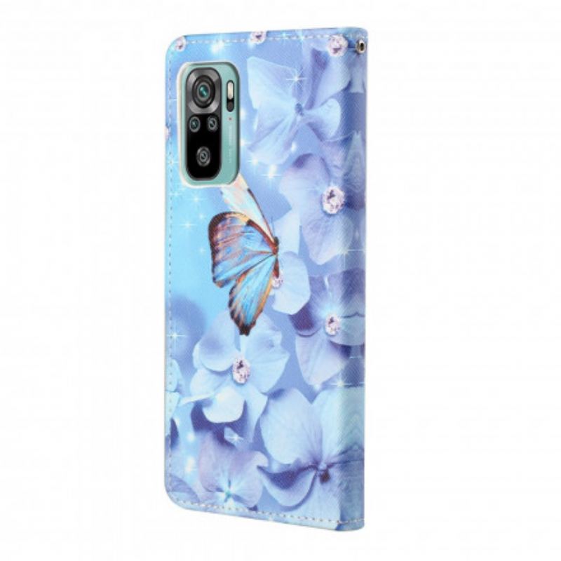Flip Cover Xiaomi Redmi 10 Med Snor Strappy Diamond Sommerfugle