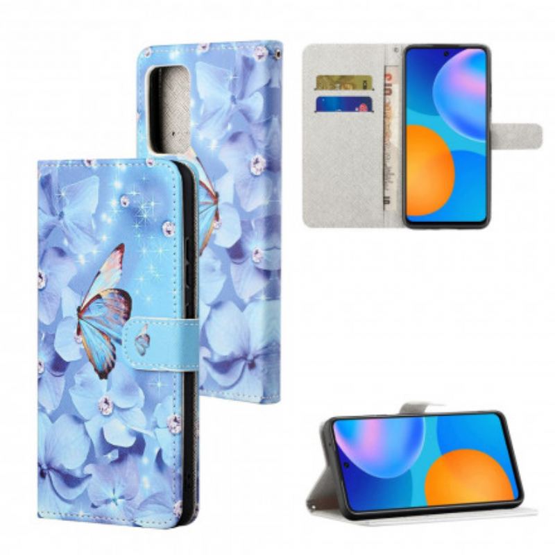Flip Cover Xiaomi Redmi 10 Med Snor Strappy Diamond Sommerfugle
