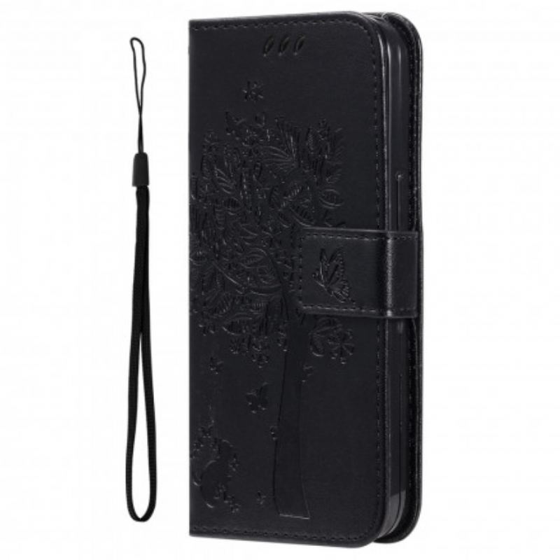 Flip Cover Xiaomi Redmi 10 Med Snor Træ Og Strappy Kat