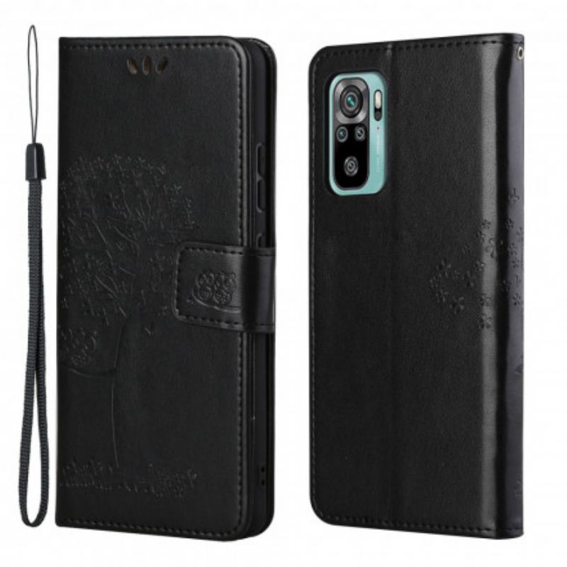 Læder Cover Xiaomi Redmi 10 Med Snor Thong Træ Og Ugler