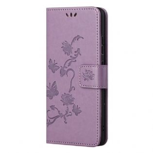 Læder Cover Samsung Galaxy M52 5G Med Snor Sommerfugle Og Blomsterrem