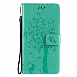 Flip Cover Samsung Galaxy M12 / A12 Med Snor Træ Og Strappy Kat