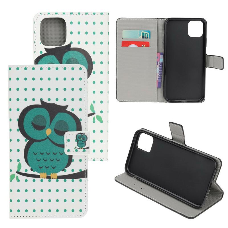 Læder Cover iPhone 12 / 12 Pro Sovende Ugle