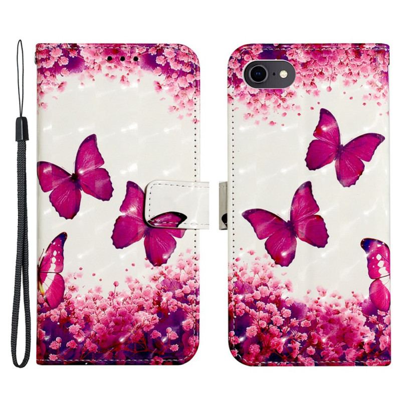 Læder Cover iPhone SE 3 / SE 2 / 8 / 7 Med Snor Thong Sommerfugle
