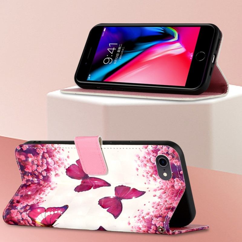 Læder Cover iPhone SE 3 / SE 2 / 8 / 7 Med Snor Thong Sommerfugle
