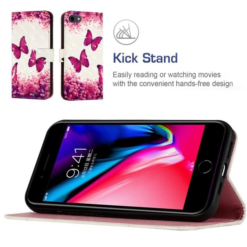 Læder Cover iPhone SE 3 / SE 2 / 8 / 7 Med Snor Thong Sommerfugle