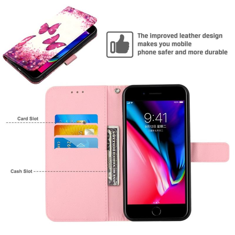 Læder Cover iPhone SE 3 / SE 2 / 8 / 7 Med Snor Thong Sommerfugle