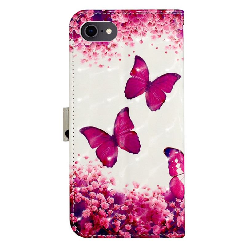 Læder Cover iPhone SE 3 / SE 2 / 8 / 7 Med Snor Thong Sommerfugle