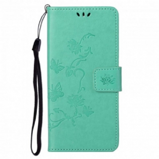 Flip Cover Motorola Edge 20 Pro Med Snor Sommerfugle Og Blomsterrem