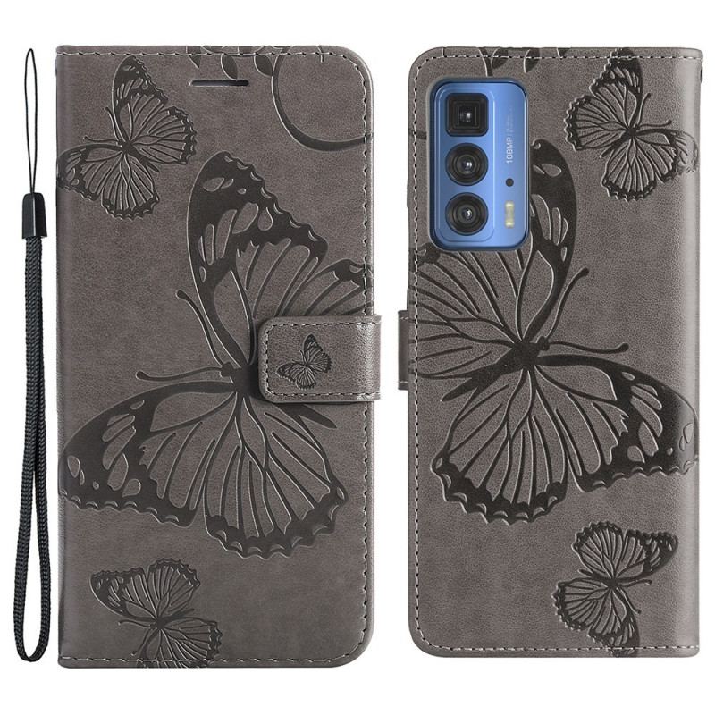 Læder Cover Motorola Edge 20 Pro Med Snor Kæmpe Sommerfugle Med Rem