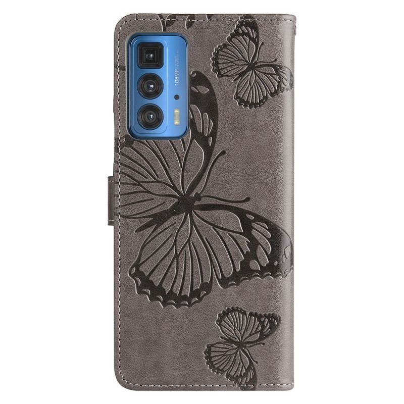 Læder Cover Motorola Edge 20 Pro Med Snor Kæmpe Sommerfugle Med Rem