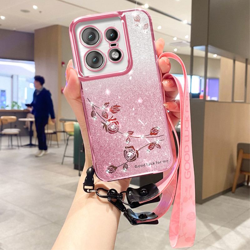 Cover Til Motorola Edge 50 Pro Blomster Og Rhinsten Med Kadem Rem
