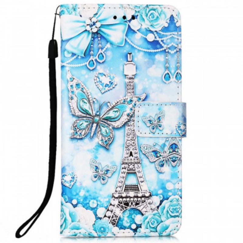 Flip Cover Samsung Galaxy A33 5G Med Snor Eiffeltårnets Sommerfuglestrop