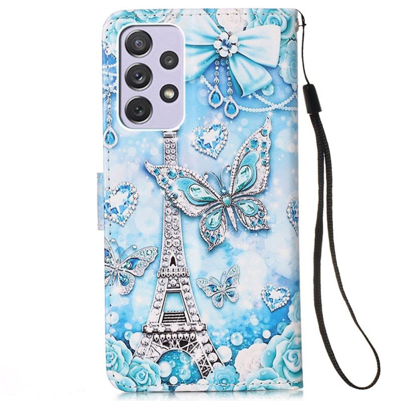 Flip Cover Samsung Galaxy A33 5G Med Snor Eiffeltårnets Sommerfuglestrop