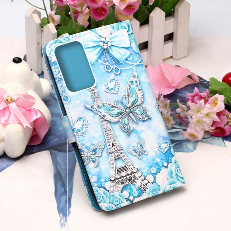 Flip Cover Samsung Galaxy A33 5G Med Snor Eiffeltårnets Sommerfuglestrop