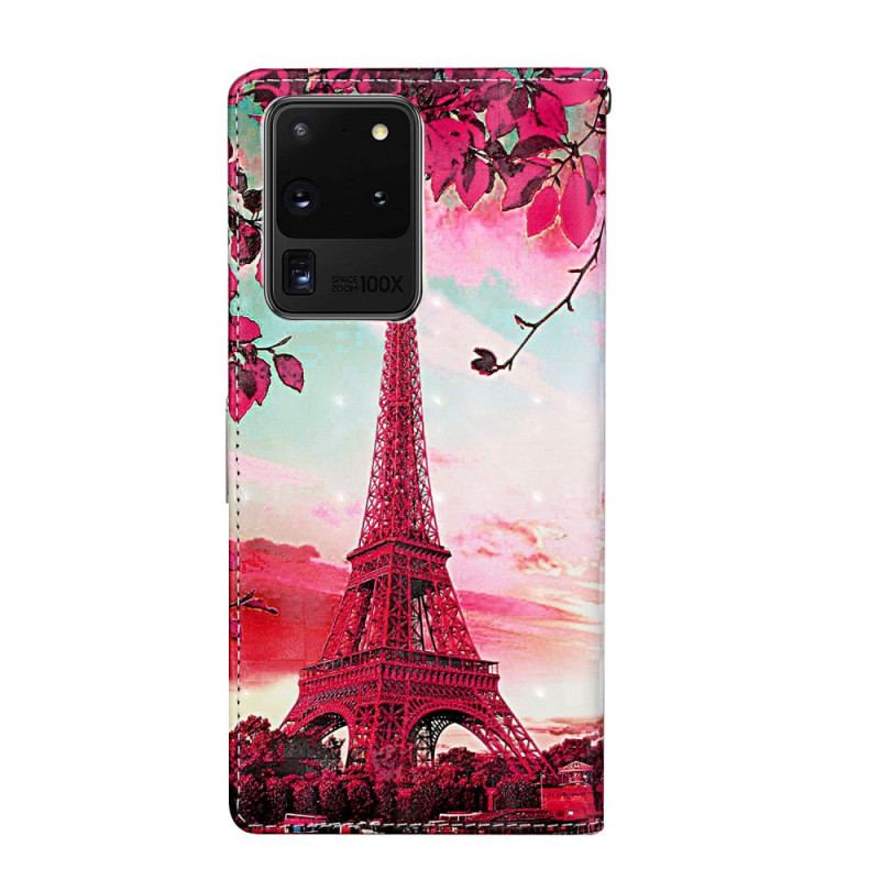 Flip Cover Samsung Galaxy S20 Ultra Med Snor Eiffeltårnet Justerbar Rem