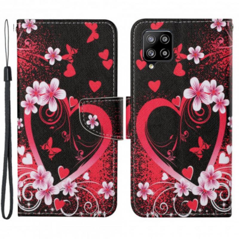 Flip Cover Samsung Galaxy A22 Blomster Og Hjerter Med Snor