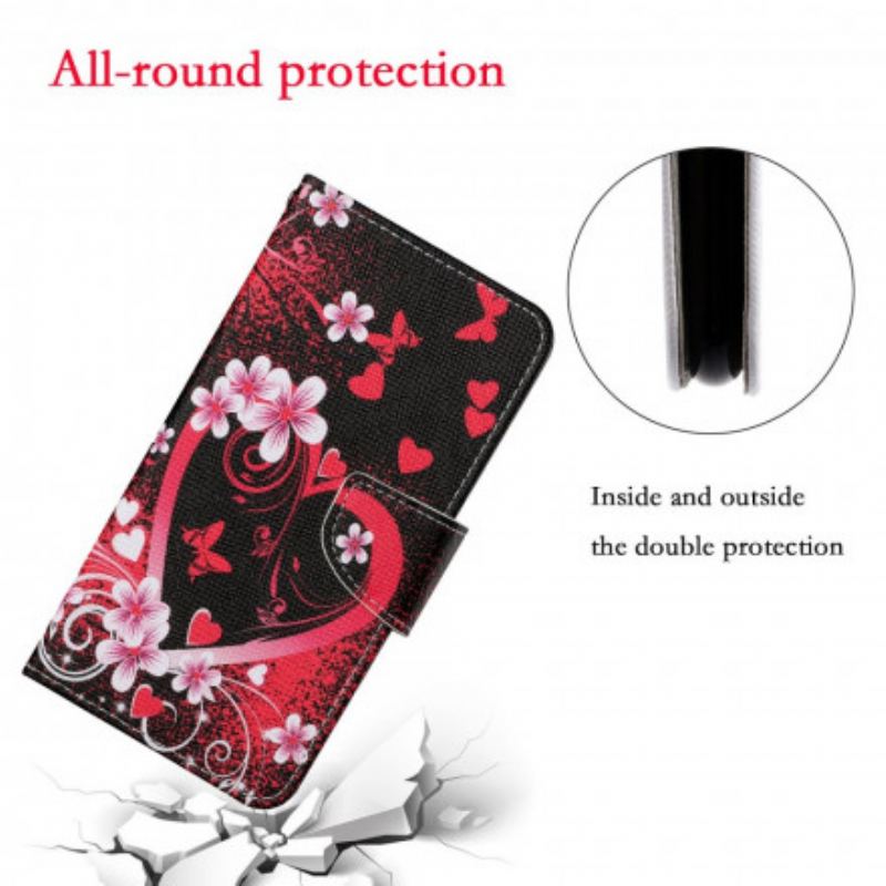 Flip Cover Samsung Galaxy A22 Blomster Og Hjerter Med Snor