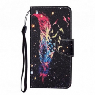 Flip Cover Samsung Galaxy A22 Med Snor Farverig Fjer Med Rem