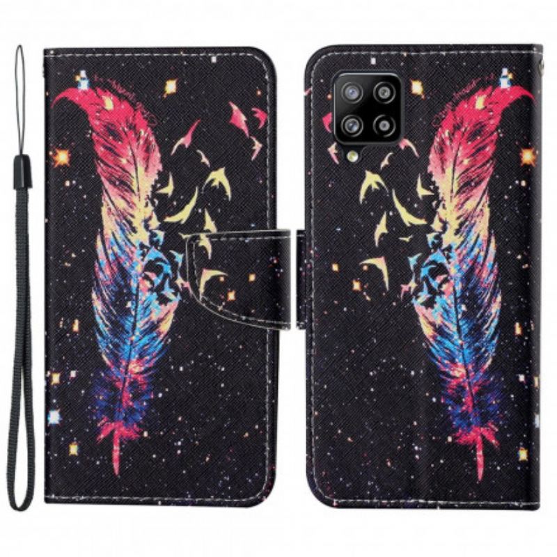 Flip Cover Samsung Galaxy A22 Med Snor Farverig Fjer Med Rem
