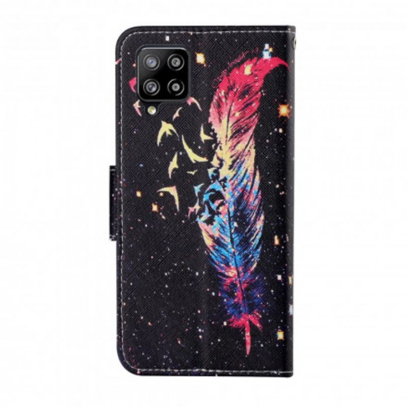 Flip Cover Samsung Galaxy A22 Med Snor Farverig Fjer Med Rem