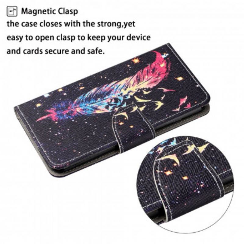 Flip Cover Samsung Galaxy A22 Med Snor Farverig Fjer Med Rem